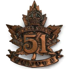 WW1 Canadian 51st Battalion (Edmonton Regiment) Canada CEF Cap Badge - Original