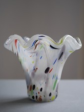 Murano Style Small Art Glass Vase White Multicoloured Dots Swirls Ruffled Top