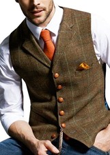 Mens Vest Herringbone Tweed Waistcoat Vintage Formal Notch Lapel Gentleman Vest
