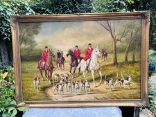 Vintage Gilt Frame Oil on Canvas Country Hunting Scene Large 39.5" x 27.5"