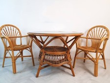 Vintage Mid Century Wicker Rattan & Smoked Glazed Glass Circular Table and Chair