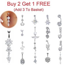 Belly Bars Navel Button Piercing Rings Crystal Body Jewellery Dangle Ring Silver