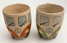 2 Retro Hippie Camper Van Ceramic Mugs Green Red Peace Sign VW Coffee Tea EUC