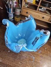 Stunning Blue Murano Large White Crystal Bowl Centerpiece Made in Italy 