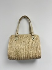Vintage Cream Raffia straw Woven Handbag 1960s Style Foreign Made kisslock inner