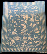 Vintage Baby Nursery Rhyme Panel Vantona Textile Blue White Embroidered Alphabet