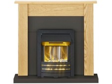 ELECTRIC FIRE OAK FIREPLACE SURROUND BLACK HEARTH BLACK LED PEBBLES BNIB