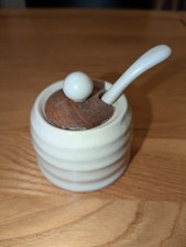 Vintage Pottery Bee Hive Honey Pot and Spoon With Wooden Lid