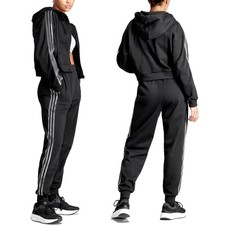 Adidas Women's Tracksuit Crop Jacket Hoodie Pants Black Silver