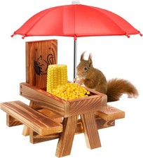 KTCINA Squirrel Feeder with Umbrella, Wood Wooden Squirrel Picnic Table Feeder 