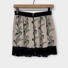 Topshop Women’s Size 4 Beige Black Feather Print Full Zip Lace Trim Mini Skirt