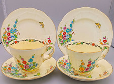 Crown Staffordshire Hollyhocks - 2 Cups, Saucers & Plates With Cobwebs 1930's