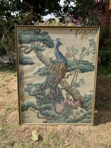 Vtg large peacock needlepoint - vtg,