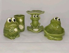 Vintage Set Ceramic Green Frog Bathroom Accessories Toothbrush Holder Soap Dish
