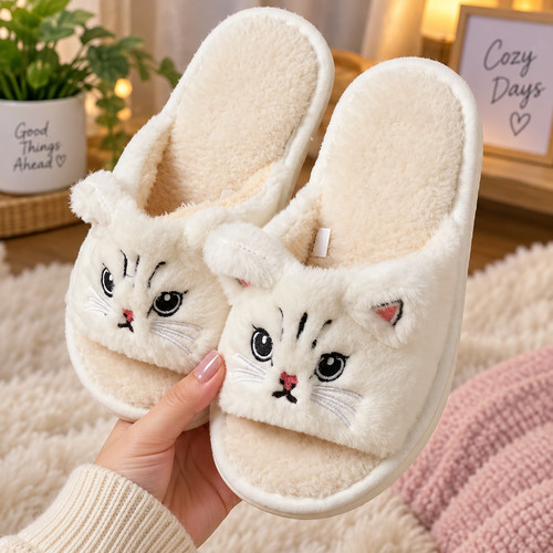 Cute cat plush flip flops - plush,