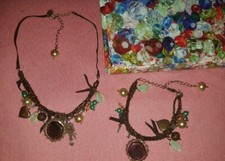 BNWOT Virgin Vie Vintage Charm Style Necklace & Bracelet Set Brown Green beads