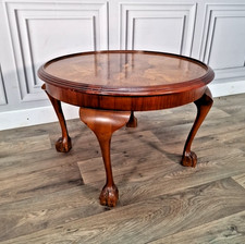 Antique Round Walnut Veneer Coffee Side Table - Queen Anne Revival - Hoof Feet