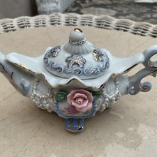 VTG Ceramic Small Teapot With Lid 3.5” Tall Capodimonte Style 3d Roses