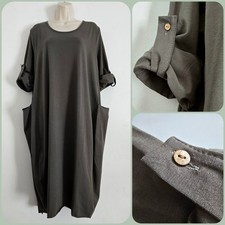Made In Italy Free Size XL Olive Green Lagenlook Jersey Dress Pockets Relaxed