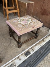 Antique Needlework French Country Embroidered Flower Foot Stool Vintage