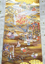 Vintage Japanese Kimono Wedding Fukuro Obi Silk Piece Golden Landscape People