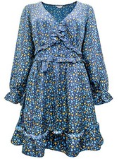 New Ladies Navy Blue Dress Ex Yours Curve Size 16 - 24 Floral Shirred Frill