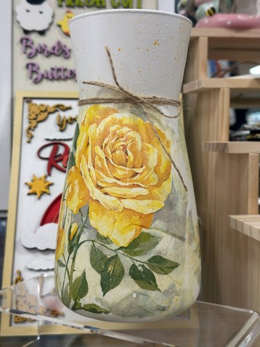 Yellow rose vase decoupage - yellow,