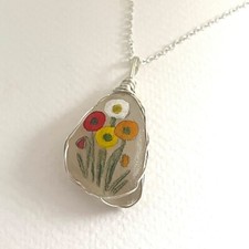 Hand painted English sea glass flower necklaces - 925 silver plated chain & wire