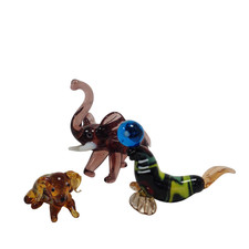Set of 3 Hand Blown Glass Animal Figurines Elephant Seal Dog Ornament Pre-Owned 