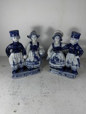 Matched Pair of Vint Delft Blue And White Dutch Boy And Girl Spill Holders 1915