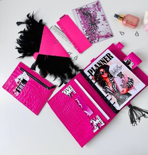 Pink leather binder planner - pink,