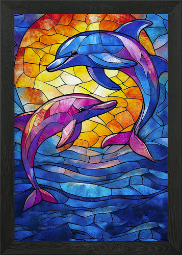 Stained glass dolphins framed - stained,