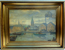 Vintage Early C20th Oil Painting on Canvas Industrial Harbour Tug Boat Factories