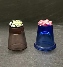 Glass Thimbles Set of Two Flower Design to Tops One Blue One Purple/Pink