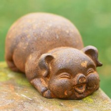 Charming Round Laying Pig Character Outdoor Ornament - Cast Iron Sculpture
