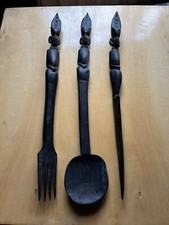 Large Carved African Wooden Fork, Spoon And Knife