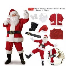 7Pcs Santa Claus Costume Father Outfit Christmas Flannel Suit Mens Fancy Dress