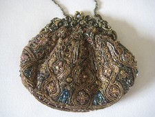 Farfalla small brown gold beaded evening bag with metal shoulder strap