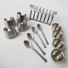 1970s stainless steel vintage breakfast set: toast rack, egg cups, napkin rings