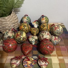 Vintage Paper Mache Christmas Baubles In Traditional  Designs Selection Of 18