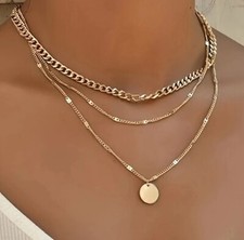 Ladies, girls,   Triple layer Golden Necklace and disc pendant.     Free postage