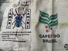 2 X Hessian Coffee Sacks With Beetle And Green Leaves Designs Used