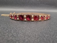 Antique 9ct Gold Garnet Seed Pearl Bangle Bracelet 1905 Edwardian