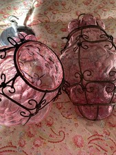 PAIR of Vintage CRANBERRY MURANO Hand Blown Caged Glass Ceiling Lights lamps