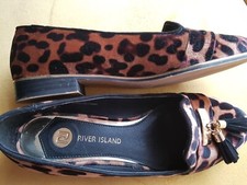 RIVER ISLAND Loafers Shoes Leopard Animal Print Gold Trim & Tassel Size UK 4
