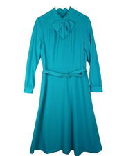 Vintage Berkertex Long Sleeve Belted Midi Dress Size 16 Blue Bow Made In England