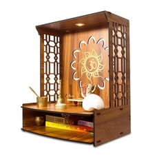 Wooden Pooja Mandir Temple for Home & Office Wall Stand with LED Light Brown