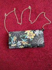 Desigual Black Clutch Bag With Chain Strap Mirror Floral Design Zipped Purse