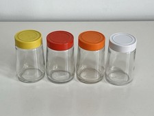 4 Vintage Glass Storage Jars, Spice Jars, Red Orange Yellow White Lids