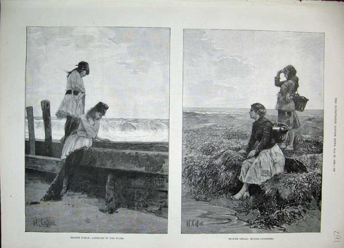 Old antique print - antique, seaside